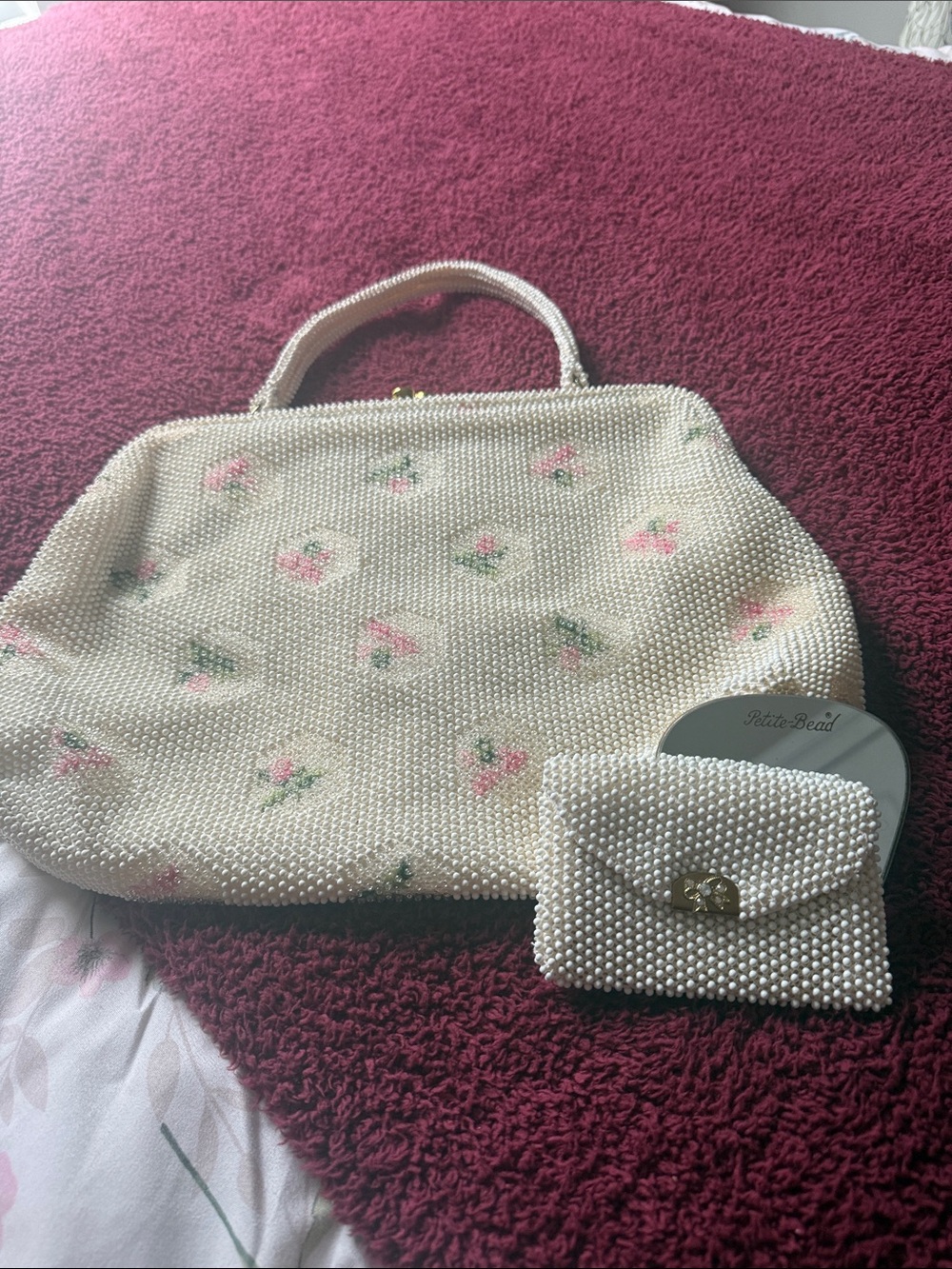 1950’Vintage lumured beaded cream   Pearl Beaded Handbag ,small pouch and mirror